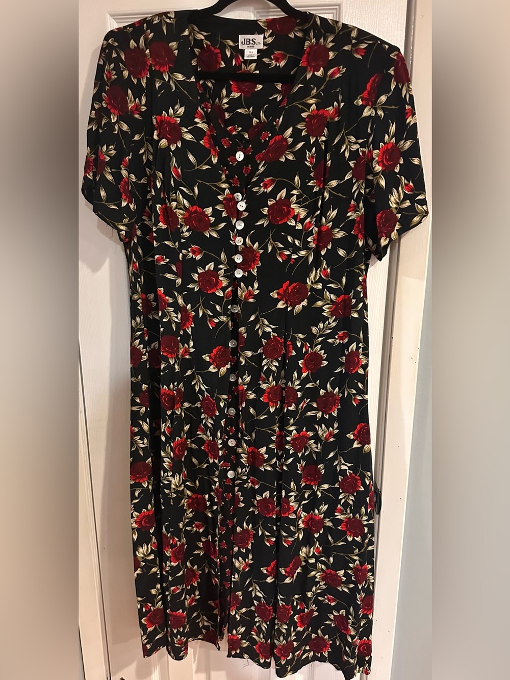 Vintage J.B.S. Black Red Rose Floral Button-Front Midi Dress